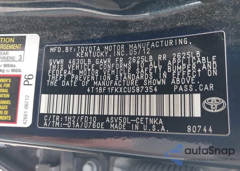 2012 Toyota Camry Le из США, поврежденный, VIN 4T1BF1FKXCU587354